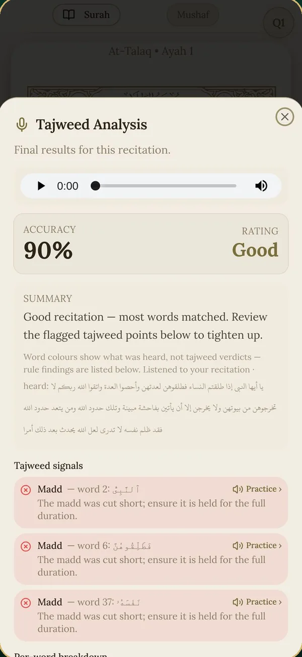 The Tajweed Coach report: 90% accuracy, a rating, and every Tajweed note next to the word it belongs to